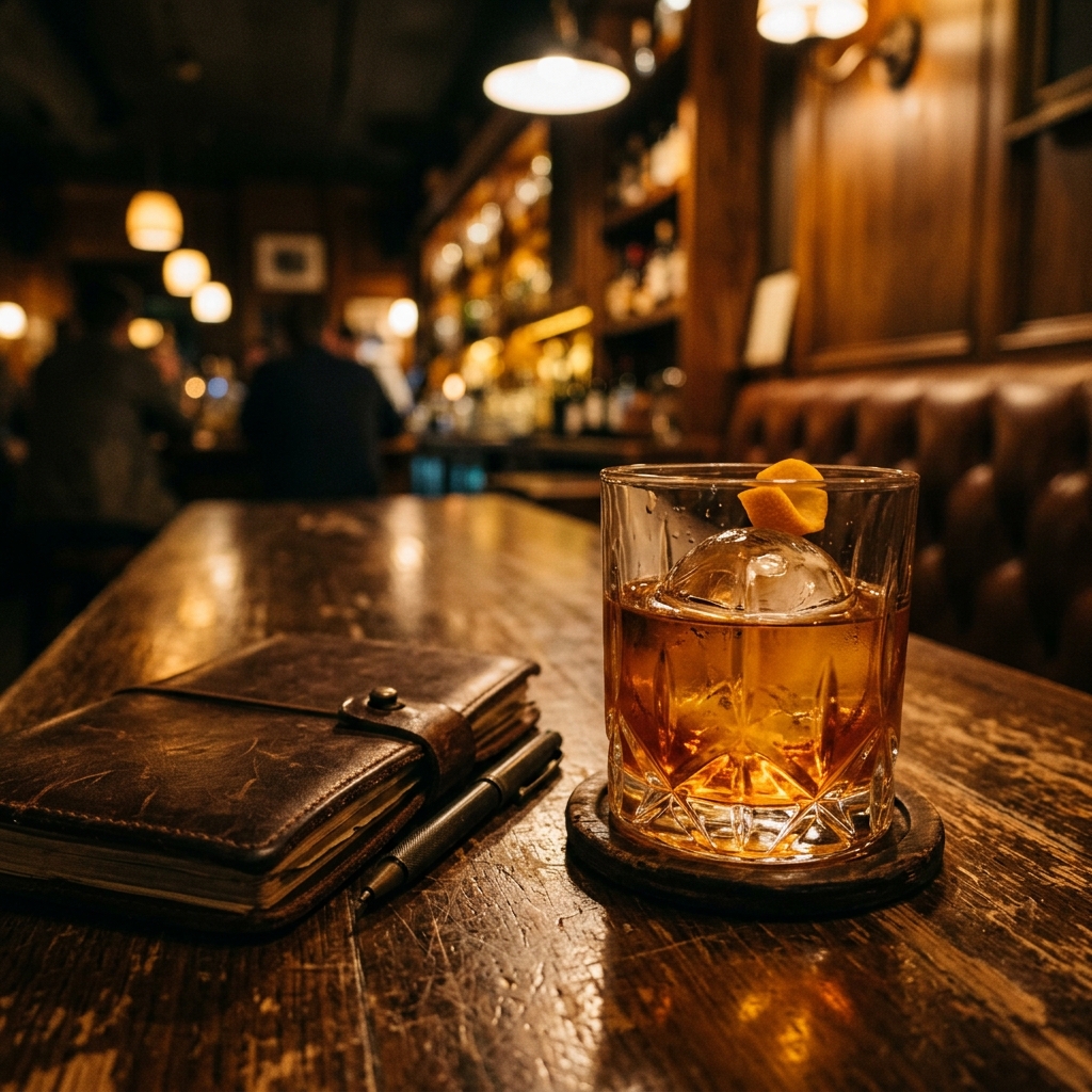 Amber lowball cocktail and notebook